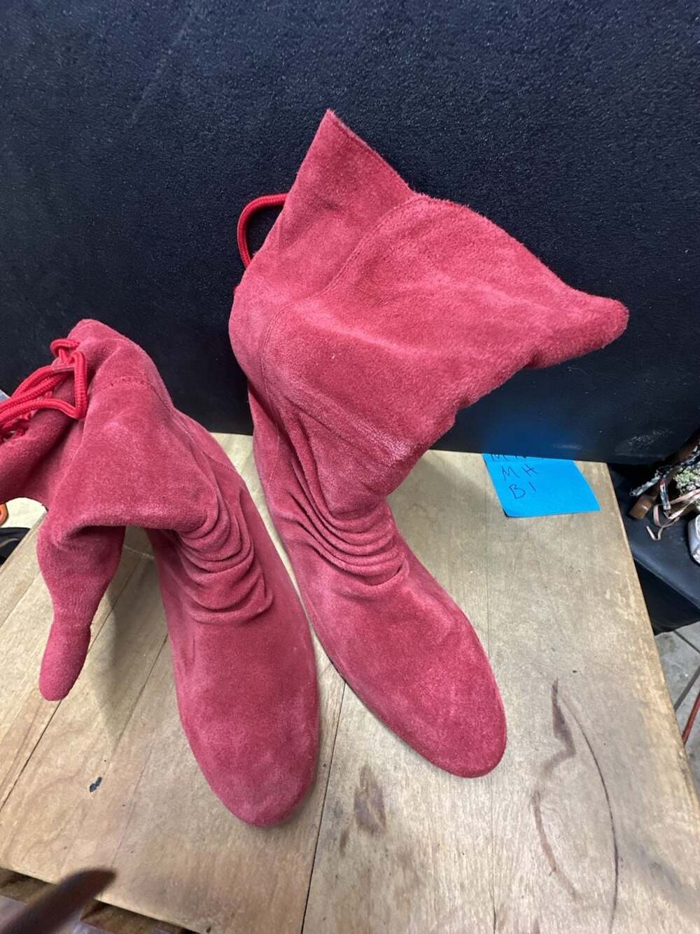 Stagelight Red Suede Slouchy Mid-Calf Boots with Back Lace-Up Detail
